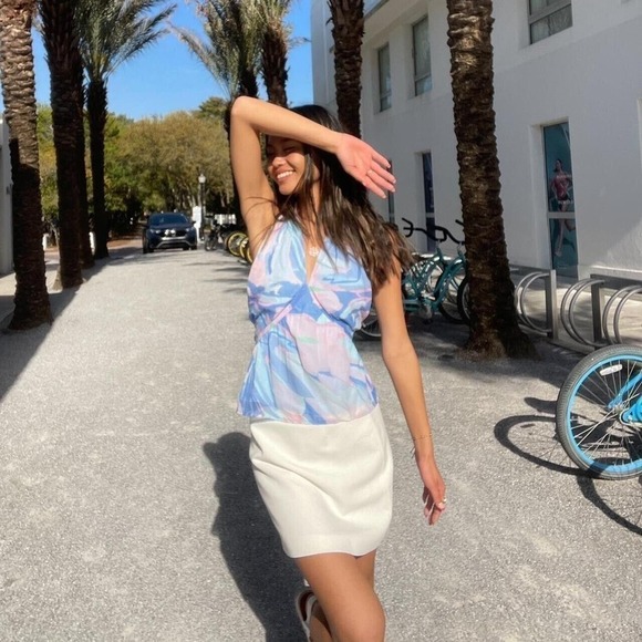 NEW French Connection Dalla Verona Crossneck Halter Blouse Top Women Blue Size 2 - Picture 2 of 7